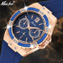 Load image into Gallery viewer, MISSFOX  2593 Women&#39;s Watches Chronograph Rose Gold Sport Watch Ladies Diamond Blue Rubber Band Xfcs Analog Female Quartz Wristwatch - Shoppin Daily
