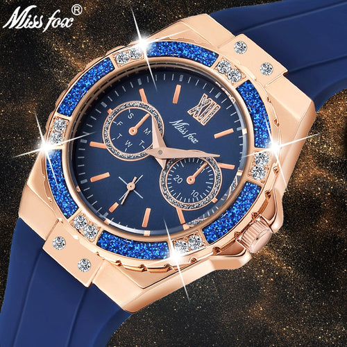 MISSFOX  2593 Women's Watches Chronograph Rose Gold Sport Watch Ladies Diamond Blue Rubber Band Xfcs Analog Female Quartz Wristwatch - Shoppin Daily