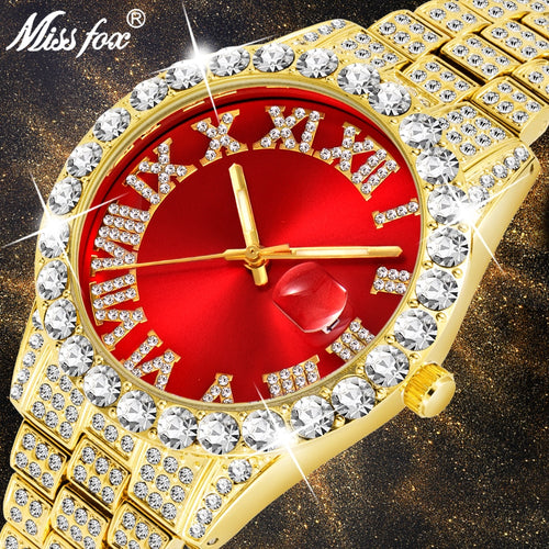 MISSFOX  2643Re Men's Watches Modern Diamond Waterproof Red Watch Men Top Brand Luxury 18k Gold Man Watch Analog Quartz Watch Men - Shoppin Daily