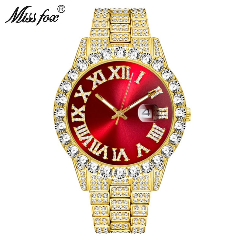 MISSFOX  2643Re Men's Watches Modern Diamond Waterproof Red Watch Men Top Brand Luxury 18k Gold Man Watch Analog Quartz Watch Men - Shoppin Daily