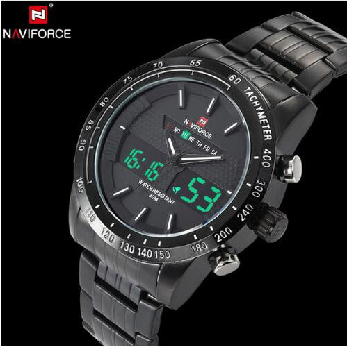 NAVIFORCE Stainless Steel Quartz Watch Men Digital LED Sports Wristwatch - Shoppin Daily