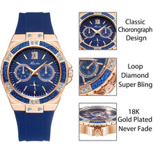 Load image into Gallery viewer, MISSFOX  2593 Women&#39;s Watches Chronograph Rose Gold Sport Watch Ladies Diamond Blue Rubber Band Xfcs Analog Female Quartz Wristwatch - Shoppin Daily
