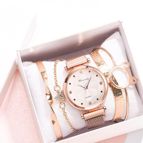 Fashion 5pcs Set Women Watches Luxury Magnet Buckle Flower Rhinestone Watch Ladies Quartz Wrist Watch Bracelet Set Reloj Mujer - Shoppin Daily